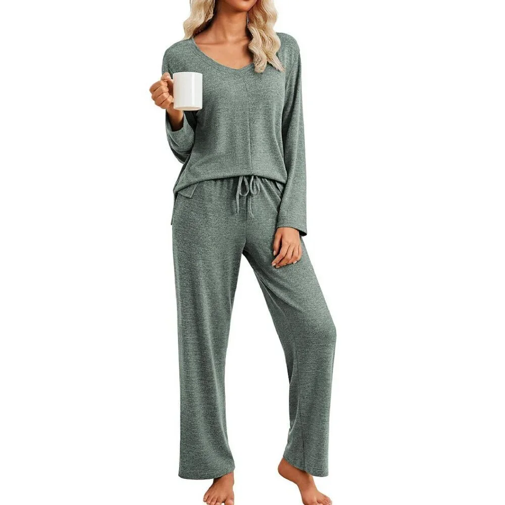 Soft Long Sleeve Pajama Set V-Neck Lounge Wear S-XXL